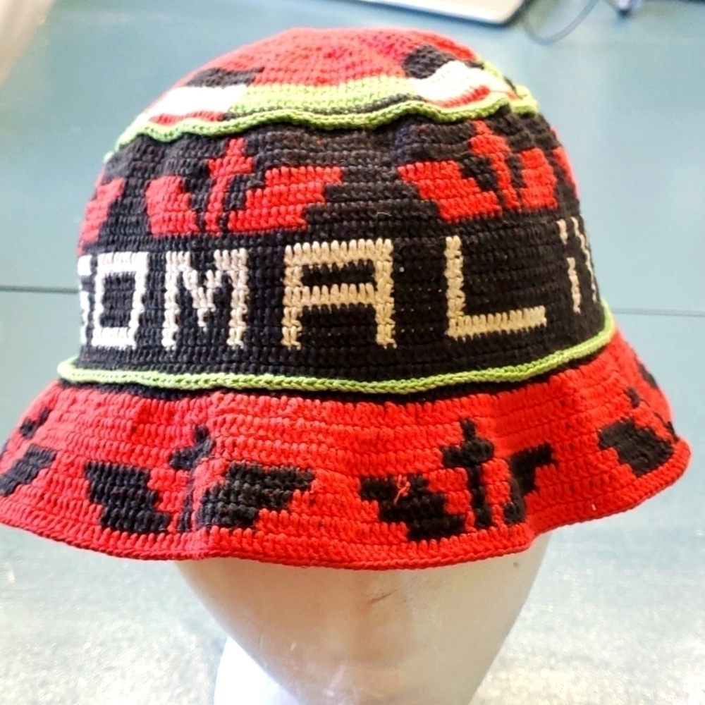Handmade Red & Black Crochet Bucket Hat with Green Trim